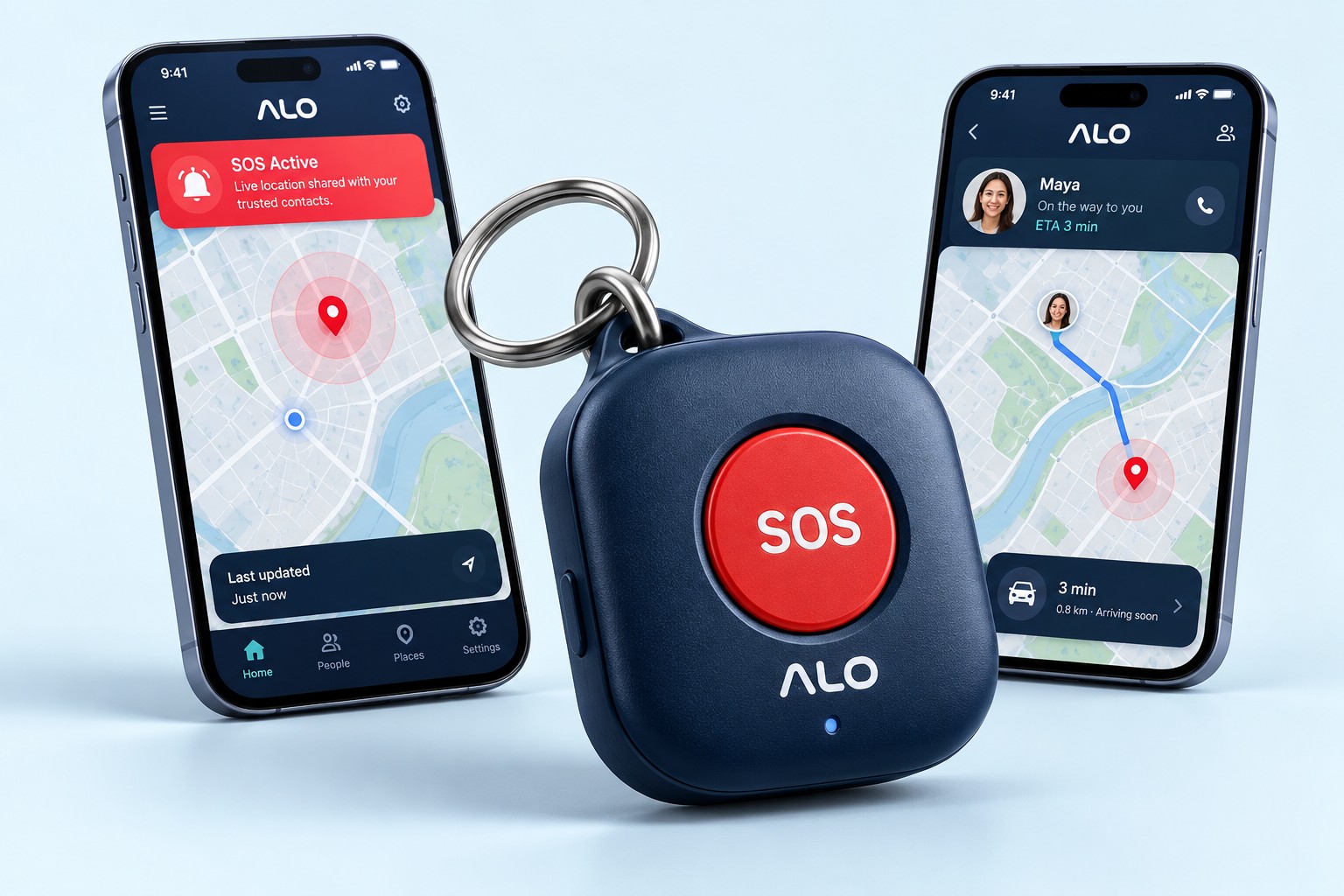 Concept rendering of a navy ALO SOS clicker beside two smartphone app prototypes